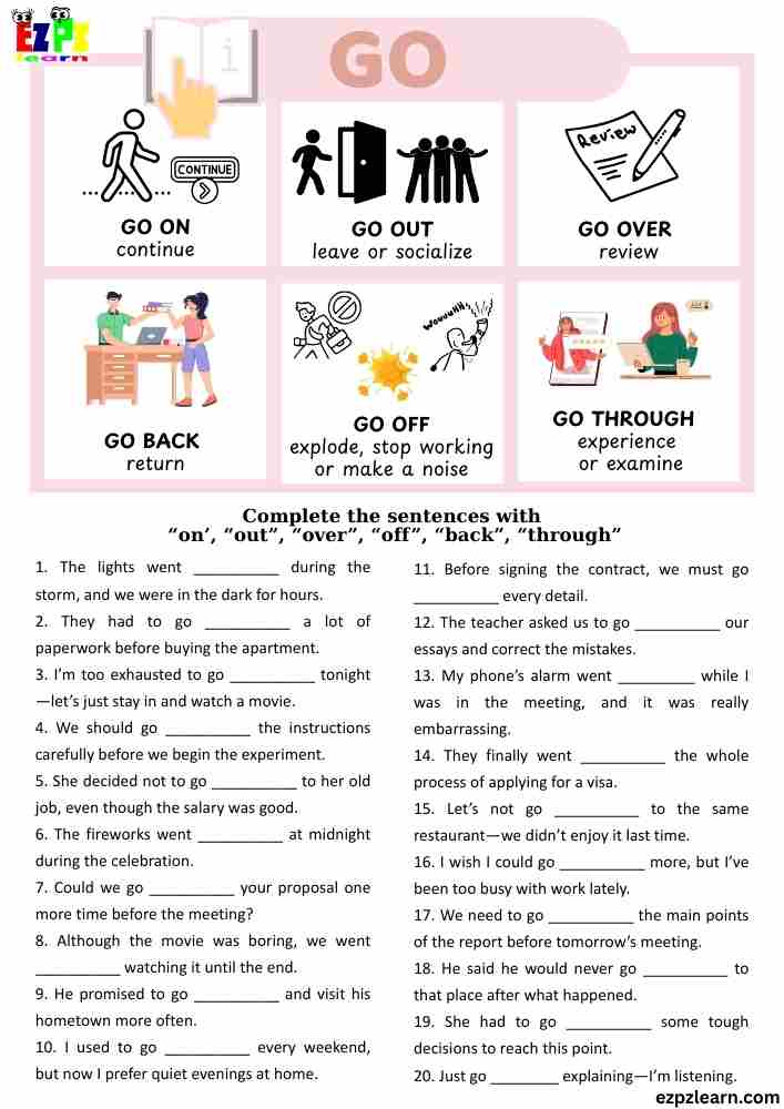 Phrasal Verbs with “GO” | 20 Sentences Worksheet | ESL Grammar Practice | Free PDF